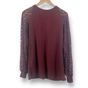Miholl Women's L Eyelet Lace Sleeve Ribbed Knit Henley Top Burgundy Red Elevated